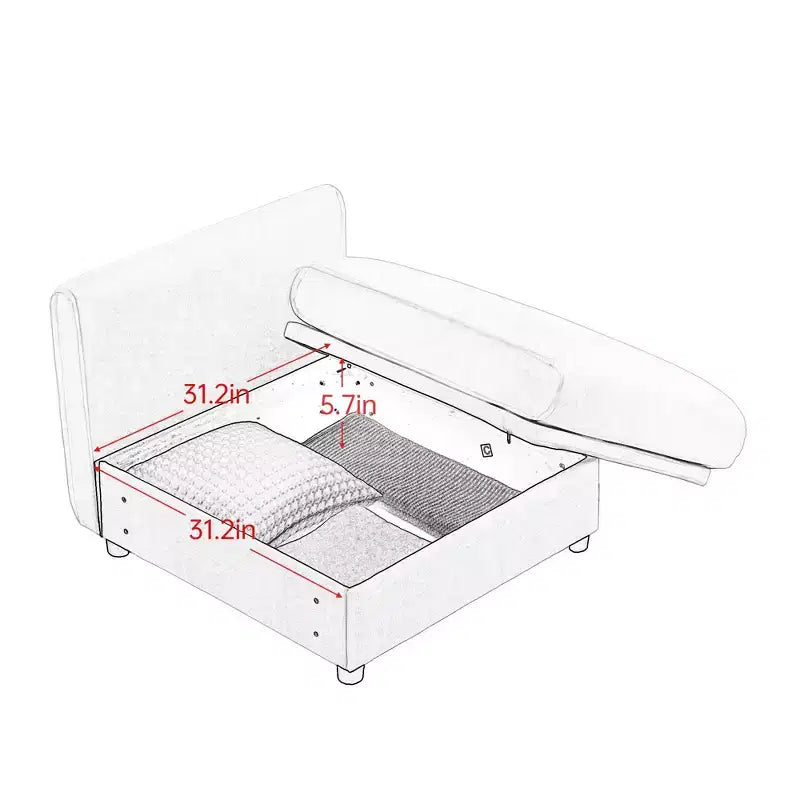 Elegante divano in ciniglia bianca con seduta contenitore e pouf, a U a 3 posti con schienale e braccioli cilindrici