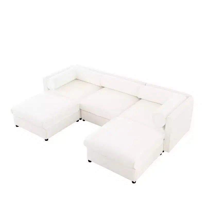 Elegante divano in ciniglia bianca con seduta contenitore e pouf, a U a 3 posti con schienale e braccioli cilindrici