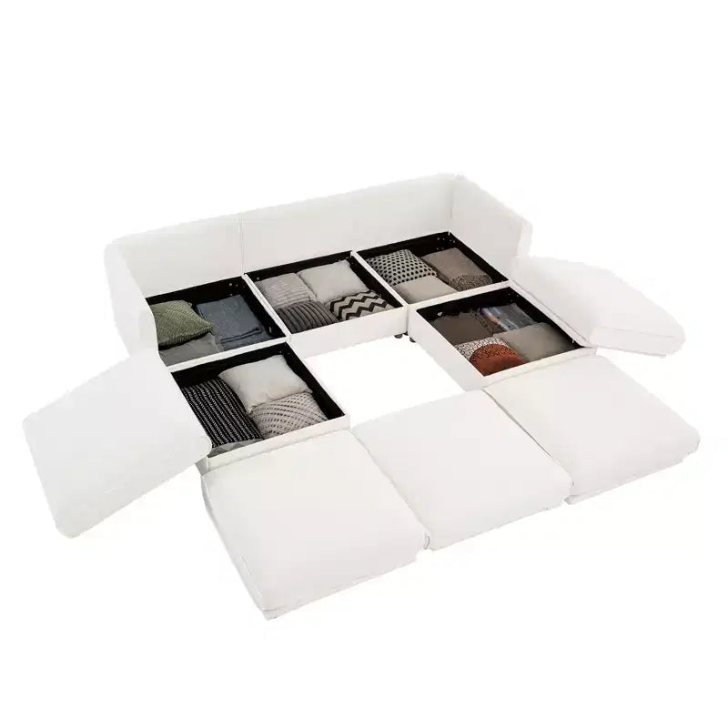Elegante divano in ciniglia bianca con seduta contenitore e pouf, a U a 3 posti con schienale e braccioli cilindrici