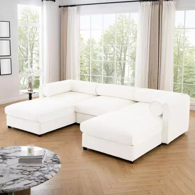 Elegante divano in ciniglia bianca con seduta contenitore e pouf, a U a 3 posti con schienale e braccioli cilindrici