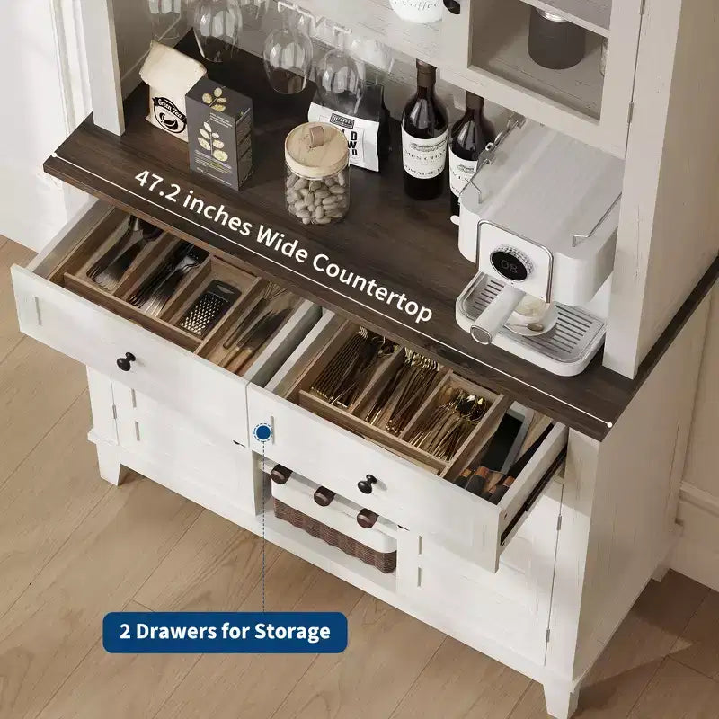 Dispensa da Cucina Alta 183 cm con 4 Ante e 2 Cassetti, Portabottiglie, Ampio Contenitore da Cucina, Ripiani Regolabili, Mobile Bar per Caffè e Vino