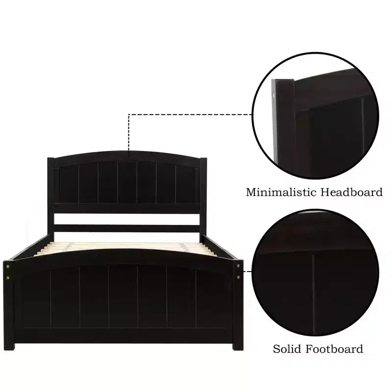 Letto a piattaforma in legno a una piazza con testiera, pediera e doghe in legno, color espresso
