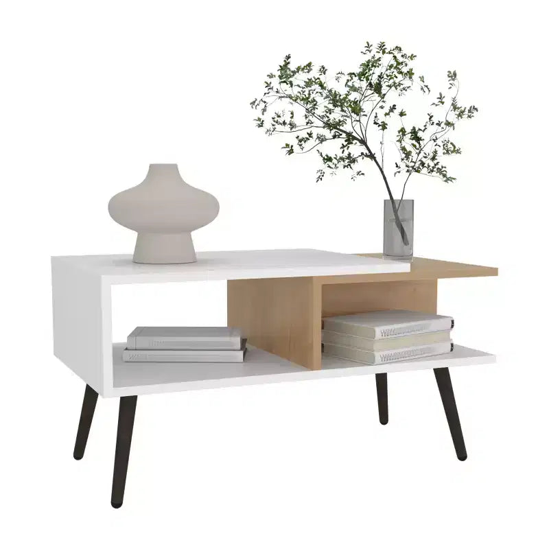 Tavolino da caffè scandinavo multicolore con 2 ripiani, 4 gambe, bianco e rovere naturale
