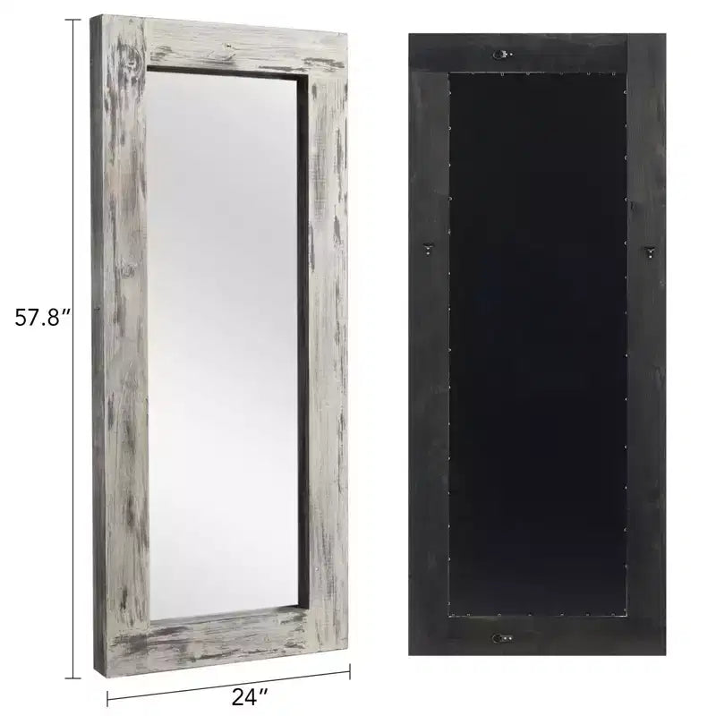 Specchio rettangolare a figura intera da appoggio in legno massiccio in stile rustico con cornice bianca effetto invecchiato, 24 pollici L x 58 pollici A