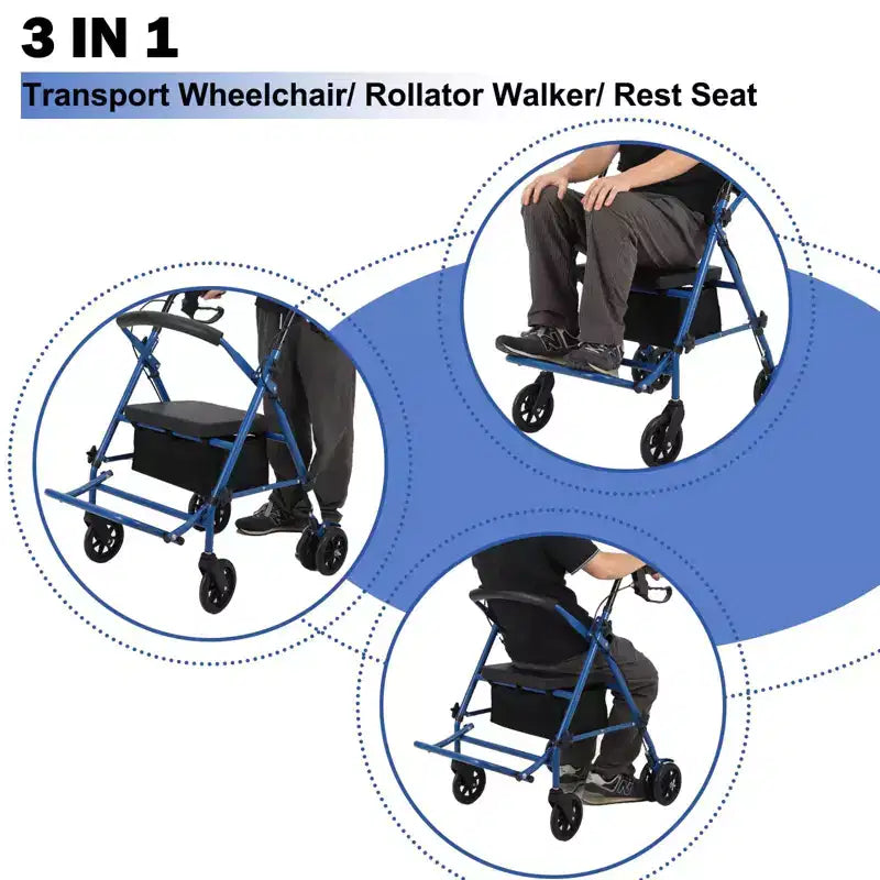 Deambulatore Rollator per Anziani con Seduta, Combo 3 in 1 Deambulatore Sedia a Rotelle, Deambulatore Medico Sedia a Rotelle da Trasporto per Adulti Tutti i Terreni