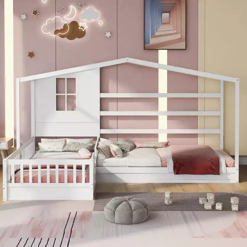 Letto a castello a forma di L in legno per bambini, con recinzione e rete a doghe per camera da letto
