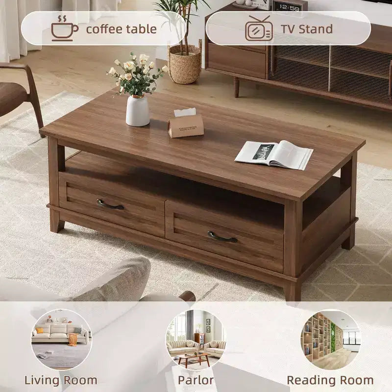 Tavolino da salotto con cassetti, 120 cm, stile country, con ripiani a giorno e 6 gambe di supporto.