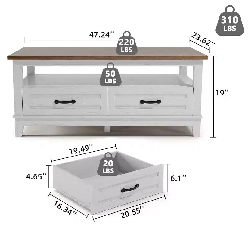 Tavolino da salotto con cassetti, 120 cm, stile country, con ripiani a giorno e 6 gambe di supporto.