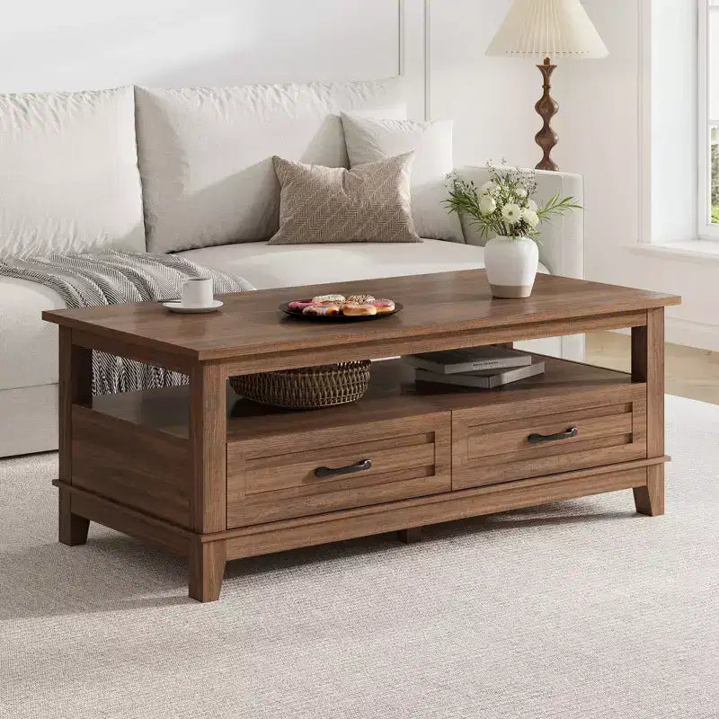 Tavolino da salotto con cassetti, 120 cm, stile country, con ripiani a giorno e 6 gambe di supporto.