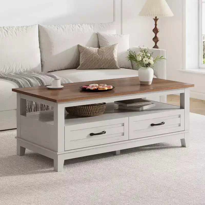 Tavolino da salotto con cassetti, 120 cm, stile country, con ripiani a giorno e 6 gambe di supporto.