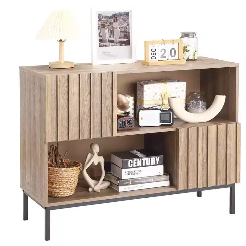 Madia semi-aperta, credenza da 100 cm con motivo ondulato e gambe in metallo, tavolo consolle marrone rovere e nero per soggiorno, sala da pranzo, ingresso