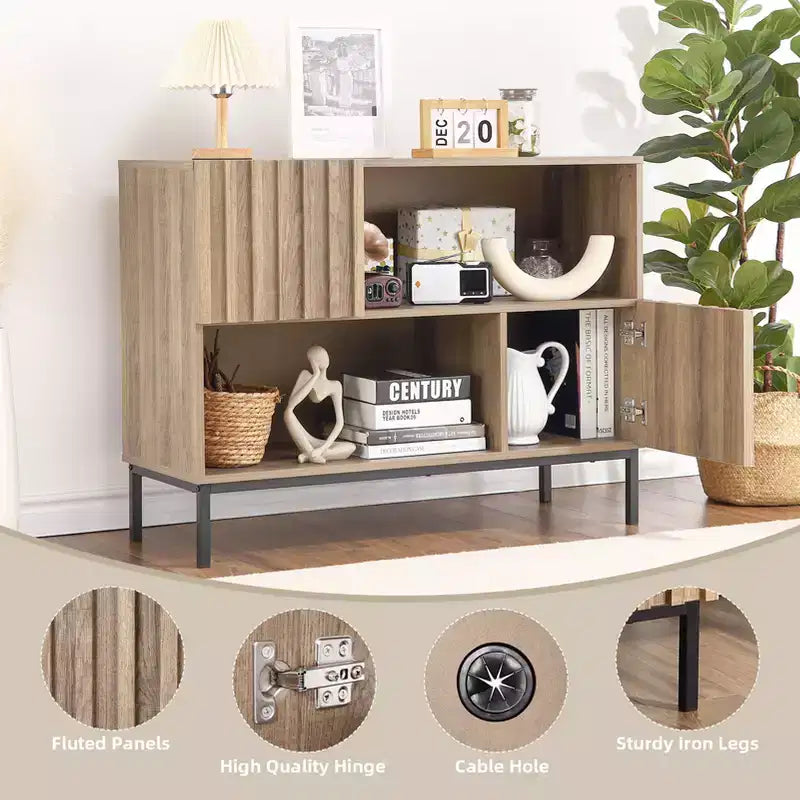 Madia semi-aperta, credenza da 100 cm con motivo ondulato e gambe in metallo, tavolo consolle marrone rovere e nero per soggiorno, sala da pranzo, ingresso