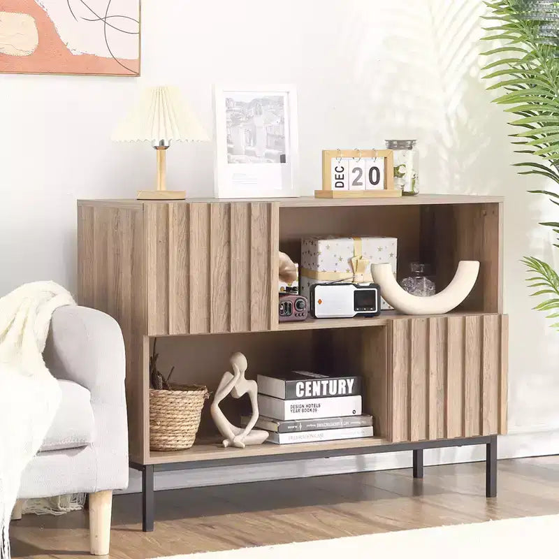 Madia semi-aperta, credenza da 100 cm con motivo ondulato e gambe in metallo, tavolo consolle marrone rovere e nero per soggiorno, sala da pranzo, ingresso