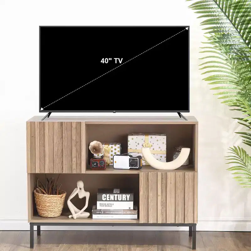 Madia semi-aperta, credenza da 100 cm con motivo ondulato e gambe in metallo, tavolo consolle marrone rovere e nero per soggiorno, sala da pranzo, ingresso