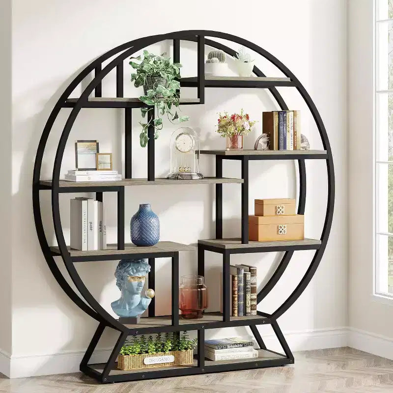 Libreria industriale da 63 pollici in legno con ripiani sfalsati, scaffale portaoggetti espositore per casa, ufficio, soggiorno, grigio