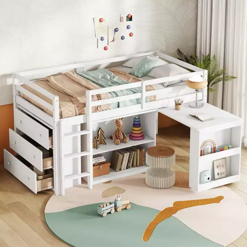 Letto a soppalco matrimoniale con cassetto, mobiletto a ripiani e scrivania estraibile, letto a soppalco in legno di caucciù con spondina di protezione e scaletta, Bianco