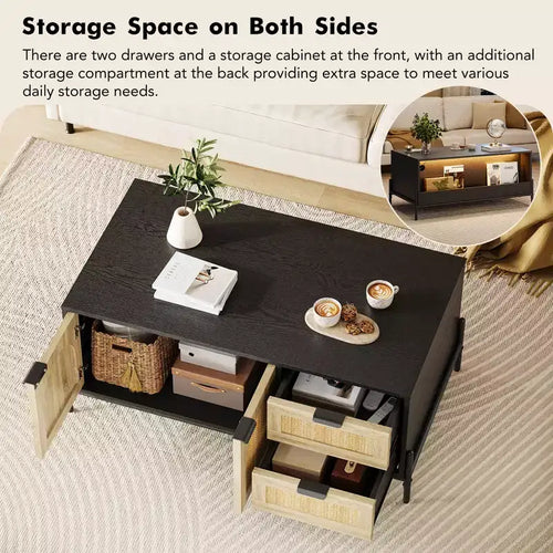 Cassettiera a 2 cassetti Tavolino da caffè in Rattan, Scaffale aperto per Home Office