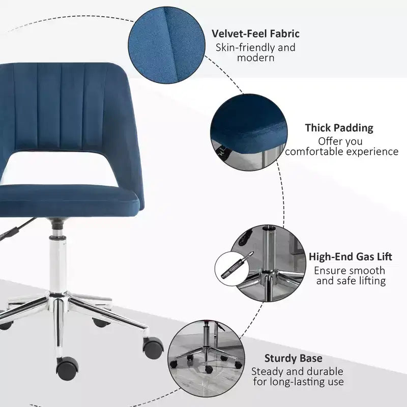 Sedia da ufficio moderna con schienale medio in velluto, sedia da scrivania girevole senza braccioli con design a schienale cavo per l'home office