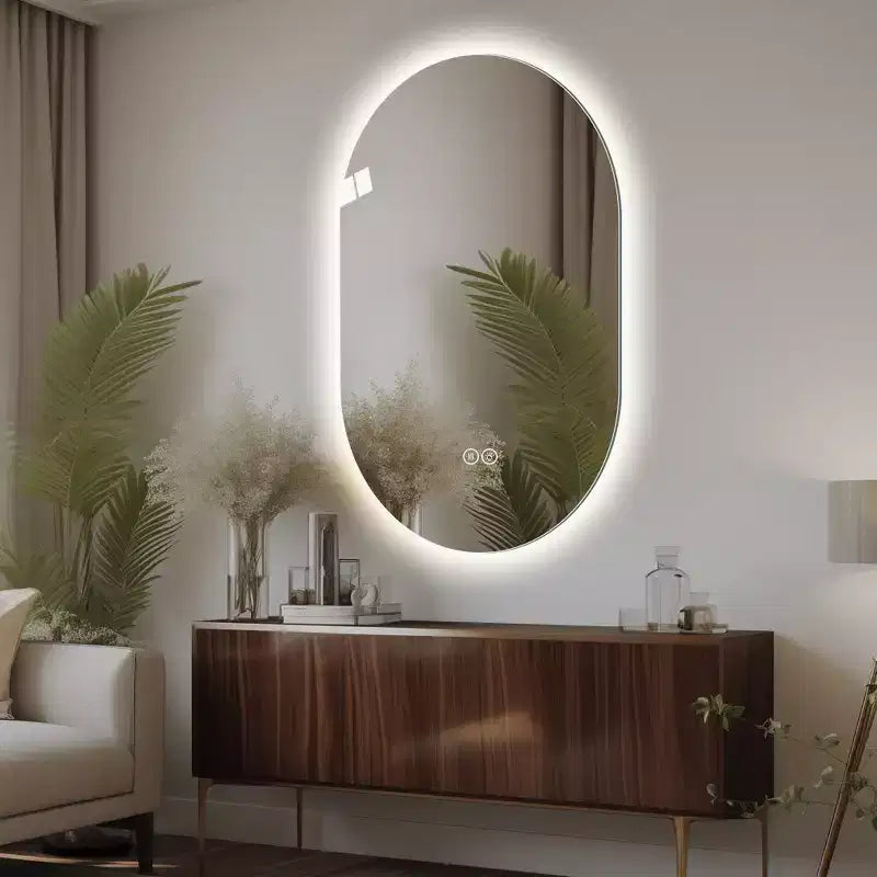 Specchio da bagno ovale moderno Lark 48 con LED anti-appannamento e modalità di illuminazione regolabili