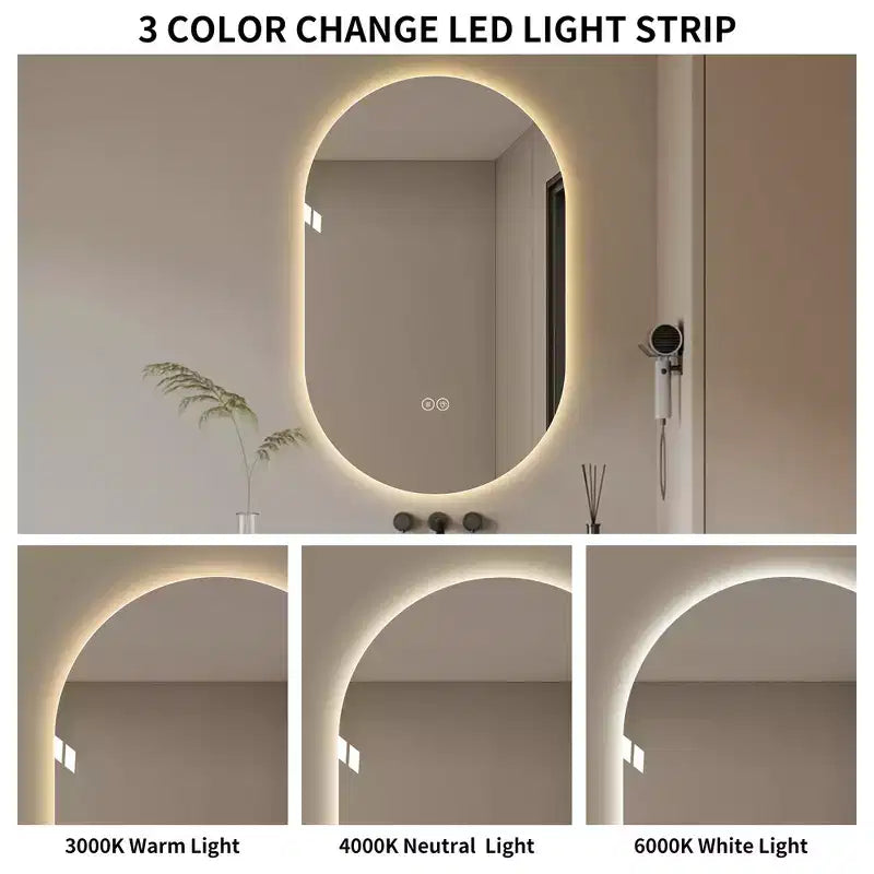 Specchio da bagno ovale moderno Lark 48 con LED anti-appannamento e modalità di illuminazione regolabili