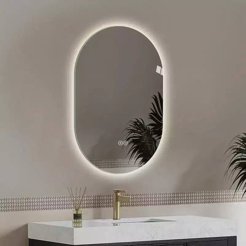 Specchio da bagno ovale moderno Lark 48 con LED anti-appannamento e modalità di illuminazione regolabili