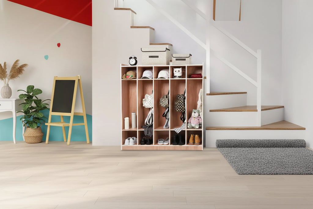 Guardaroba a 5 sezioni con ruote, armadietto in legno per riporre oggetti in aula con superficie smaltata, contenitore mobile, kit anti-ribaltamento, 5 ganci 10 scomparti