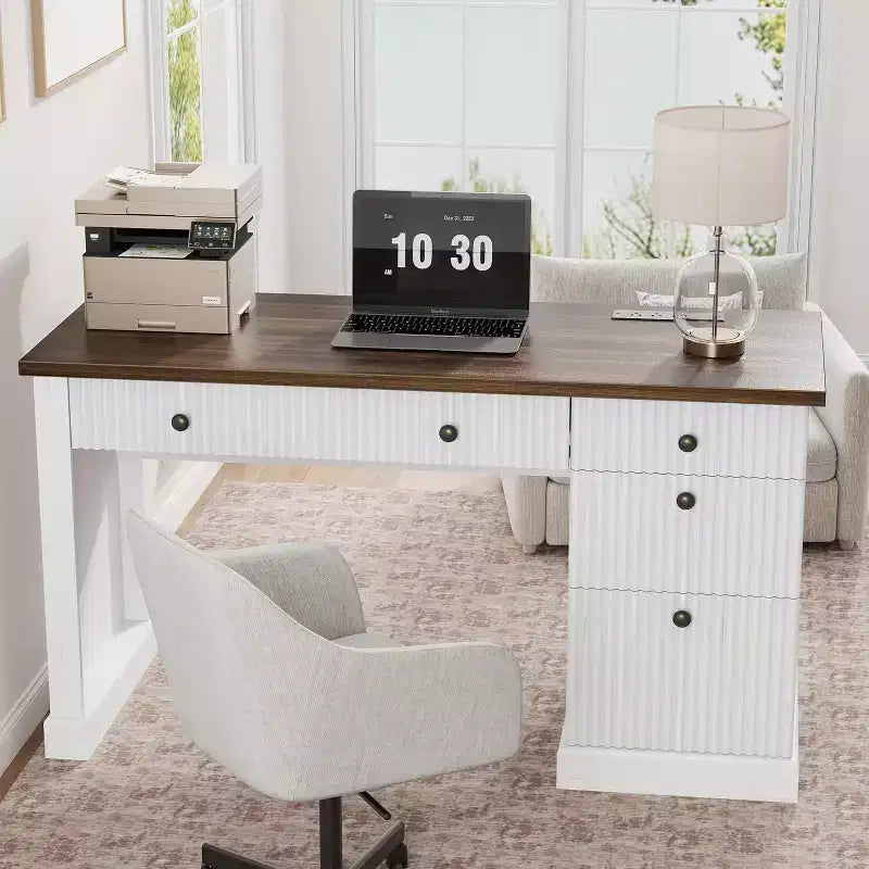 Scrivania direzionale moderna da 54'' con mobiletto contenitore e cassetto C marrone, scrivania scanalata per computer per ufficio, studio, soggiorno