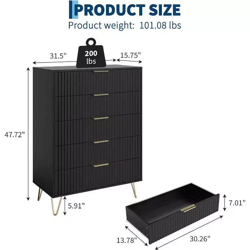 Cassettiera scanalata per camera da letto con 5 cassetti, cassettiera moderna in legno da 81 cm con maniglia in metallo, ampio mobile organizer per vestiti e supporto TV