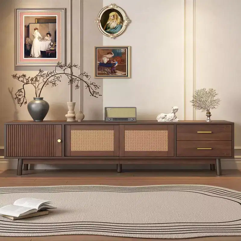 Mobile TV Moderno di Metà Secolo per TV da 80 Pollici, Mobile da Intrattenimento con Ante Scorrevoli e Cassetti, Tavolino TV con Contenitore per Soggiorno/Camera da Letto, Marrone