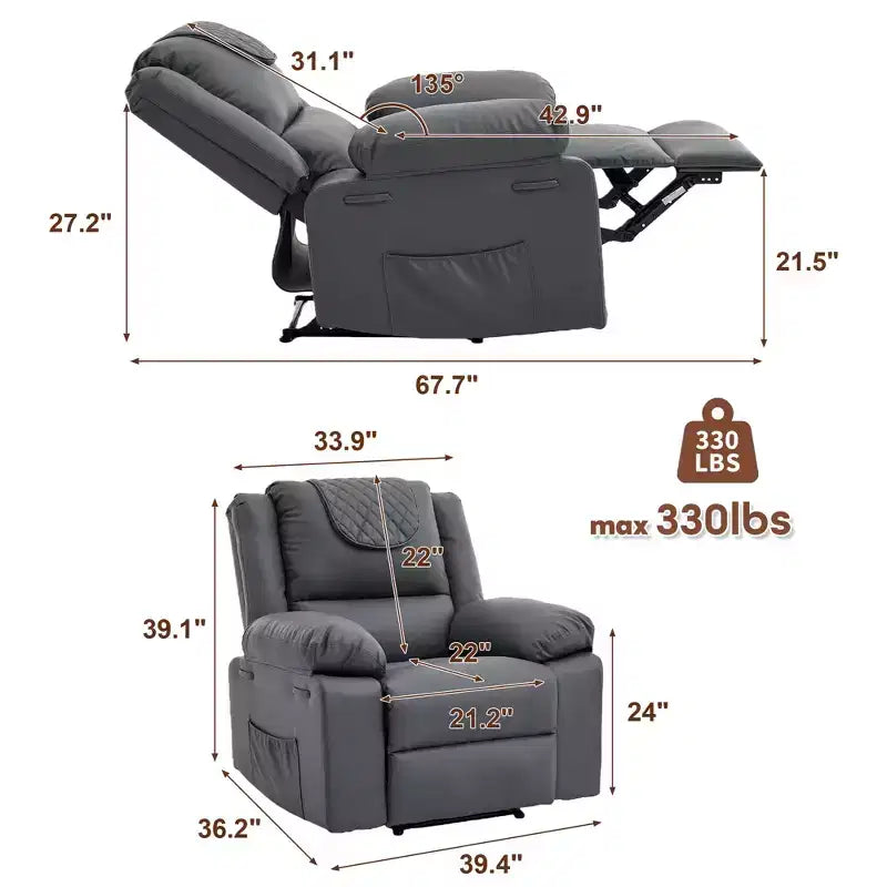 Poltrona reclinabile massaggiante oversize per adulti, divano singolo riscaldato in pelle PU con vibrazione e calore, tasca laterale, divano reclinabile (marrone)